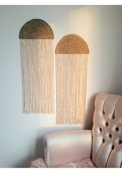 Bej Ikili Bambu Makrome Duvar Dekorasyonu (35 × 100 Cm) 110 x 35