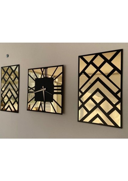 40 x 40 Dekoratif Aynalı Üçlü Ev Ofis Duvar Saati Tablo Set Altın