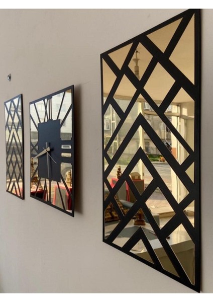 40 x 40 Dekoratif Aynalı Üçlü Ev Ofis Duvar Saati Tablo Set Altın