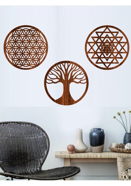 3 Yaşam Çiçeği Sri Yantra ve Torus 3'lü Set Kahverengi