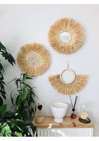 Ahşap El Yapımı Hasır Rafya Duvar Süsü Haki 3