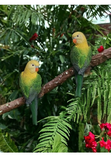 Doğa 2 Adet El Boyaması Muhabbet Kuşu Duvar Balkon Bahçe Süsü Farklı Renklerde Yeşil 2 Parça Taş
