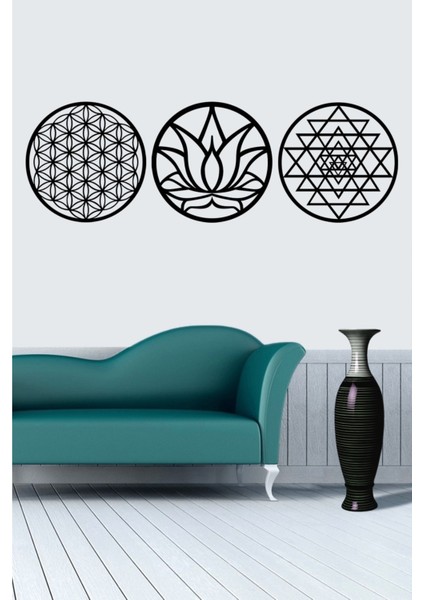 Siyah Yaşam Çiçeği Lotus Çiçeği ve Sri Yantra 3'lü Set Siyah Duvar Tablosu 3