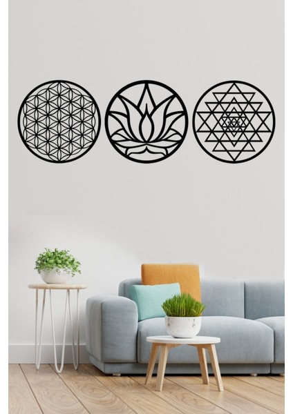 Siyah Yaşam Çiçeği Lotus Çiçeği ve Sri Yantra 3'lü Set Siyah Duvar Tablosu 3