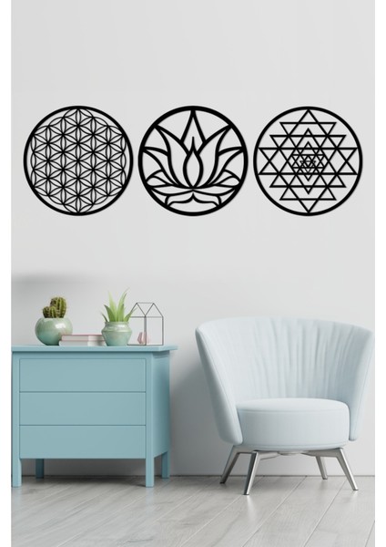 Siyah Yaşam Çiçeği Lotus Çiçeği ve Sri Yantra 3'lü Set Siyah Duvar Tablosu 3
