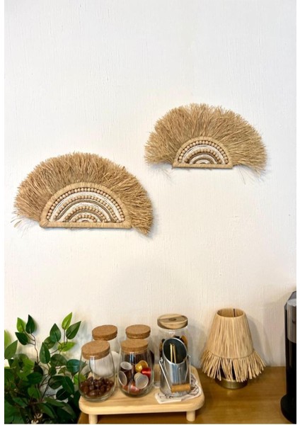 Bej 2'li Set Rafya Hasır Yelpaze Ahşap Boncuk Halat Makrome Ip Duvar Süsü El Yapımı 2 Parça Ahşap I fiyatları