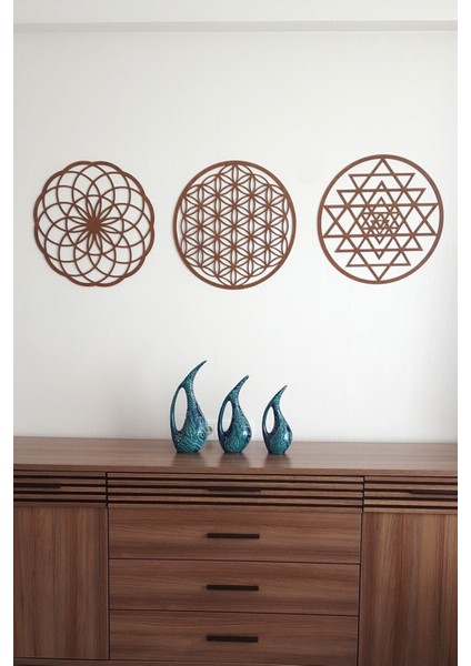 3 Yaşam Çiçeği Sriyantra ve Torus 3 Lü Set Kutsal Geometri Torus Nefesi ve Shri Yantra Kahverengi