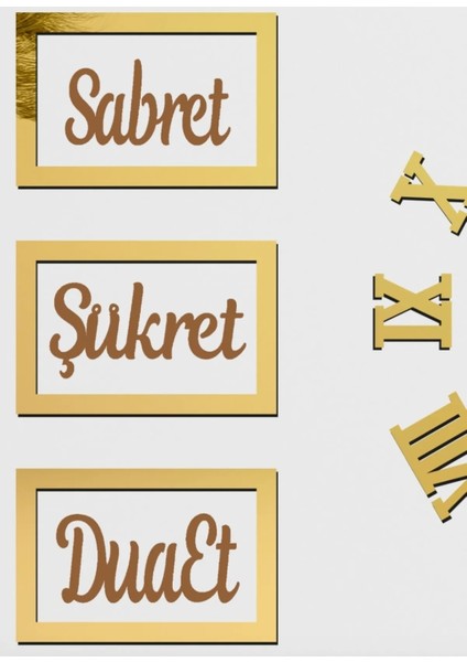 Altın Altın Aynalı Pleksi Saat ve Sabret Şükret Dua Et Allah Muhammed Vav Uv Pano Set Duvar Panosu