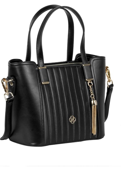 Çizgili Siyah Suni Deri Bayan Çapraz El ve Omuz Çantası