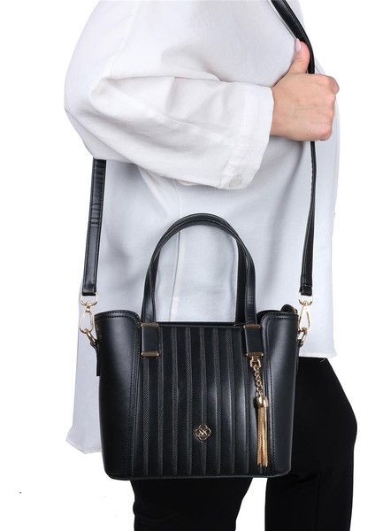 Çizgili Siyah Suni Deri Bayan Çapraz El ve Omuz Çantası fiyatları
