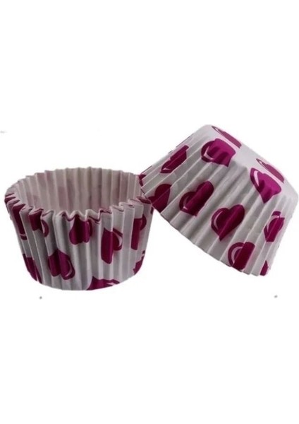 Depposıte E Kek Kalıbı Pet Kapsül 52X45 mm Kağıt Cupcake Kağıdı - 100'LÜ Beyaza Fuşya Kalpli modelleri