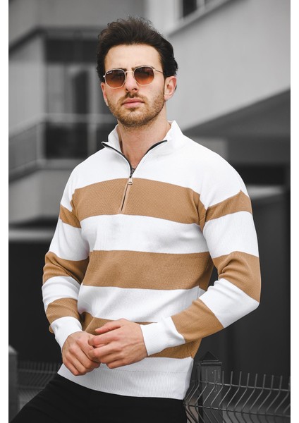 Ht 340011 Çift Renk Erkek Uzun Kol Fermuarlı Dik Yaka Triko Sweater