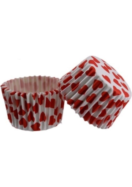 Cupcake Kek Kalıbı Pet Kapsül 52 x 45 mm - 100'lü Beyaza Kırmızı Kalp Desenli