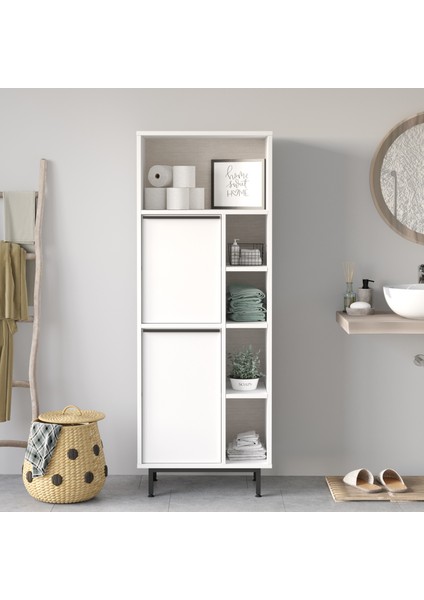 Leena Banyo Dolabı Çok Amaçlı Dolap 2 Kapaklı Metal Ayaklı Beyaz LA10C-W