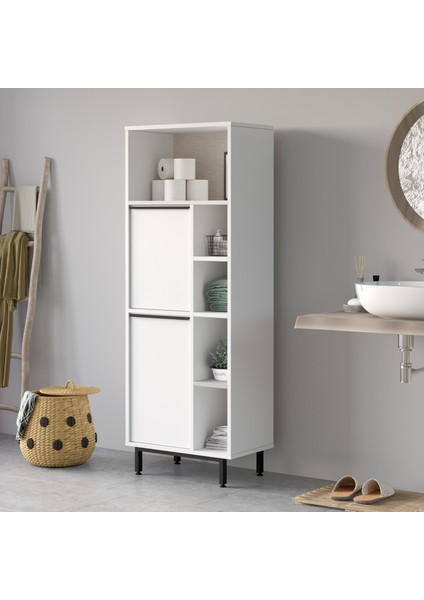 Leena Banyo Dolabı Çok Amaçlı Dolap 2 Kapaklı Metal Ayaklı Beyaz LA10C-W
