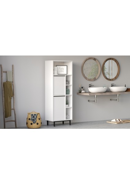 Leena Banyo Dolabı Çok Amaçlı Dolap 2 Kapaklı Metal Ayaklı Beyaz LA10C-W