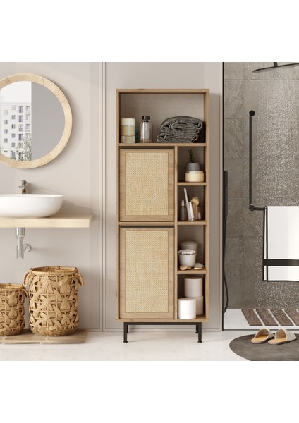 Leena Banyo Dolabı Çok Amaçlı Dolap 2 Kapaklı Metal Ayaklı Uv Baskı Sepet-Jüt LA10C-SU fiyatları