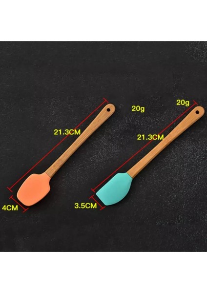 Ahlat Store 5'li Renkli Bambu Saplı Silikon Uçlu Spatula Fırçalı Kaşık Seti