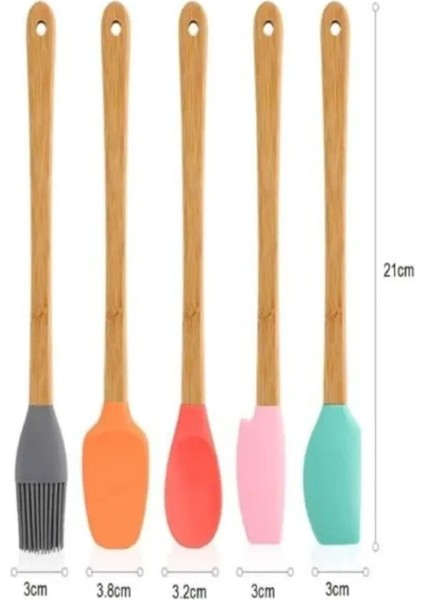 Ahlat Store 5'li Renkli Bambu Saplı Silikon Uçlu Spatula Fırçalı Kaşık Seti