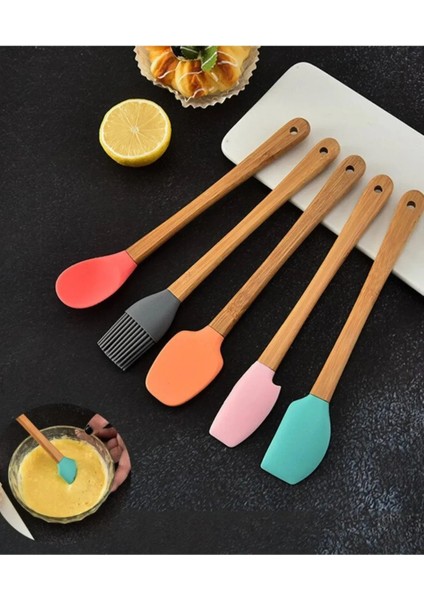 Ahlat Store 5'li Renkli Bambu Saplı Silikon Uçlu Spatula Fırçalı Kaşık Seti