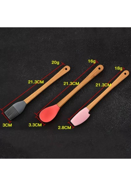 Ahlat Store 5'li Renkli Bambu Saplı Silikon Uçlu Spatula Fırçalı Kaşık Seti