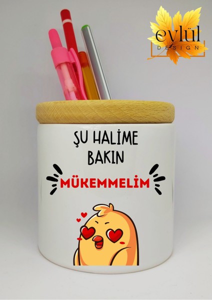 Şu Halime Bakın Mükemmelim Yazılı Eğlenceli Baskılı Seramik Kalemlik Ahşap Detaylı Kalem Kutusu