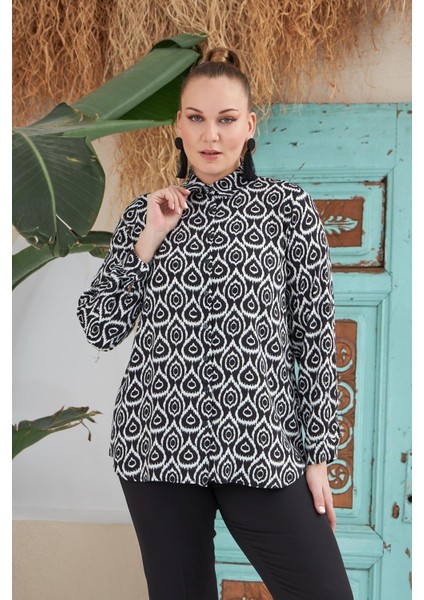 Bezexl Desenli Büyük Beden Siyah Gömlek