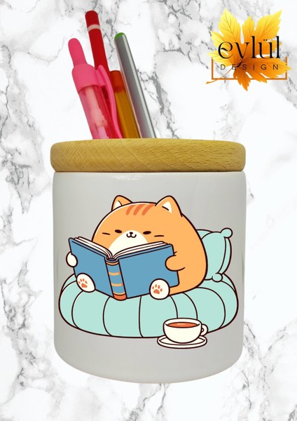 Kitap Okuyan Kedi Baskılı Seramik Kalemlik Ahşap Detaylı Kalem Kutusu Doğum Günü Hediyesi