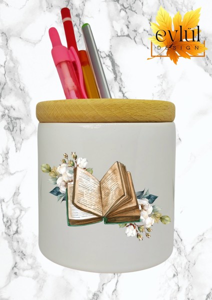 Kitaplar ve Çiçekler Baskılı Seramik Kalemlik Ahşap Detaylı Kalem Kutusu Doğum Günü Hediyesi