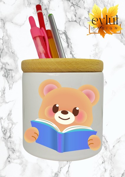 Kitap Okuyan Ayıcık Baskılı Seramik Kalemlik Ahşap Detaylı Kalem Kutusu Doğum Günü Hediyesi