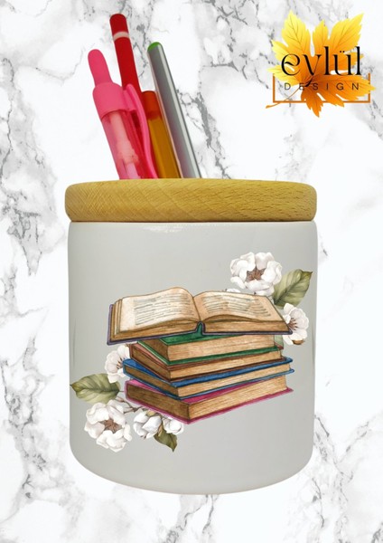 Kitaplar ve Çiçekler Baskılı Seramik Kalemlik Ahşap Detaylı Kalem Kutusu Doğum Günü Hediyesi