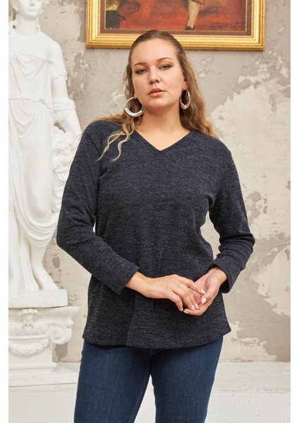V Yaka Büyük Beden Lacivert Örme Kazak