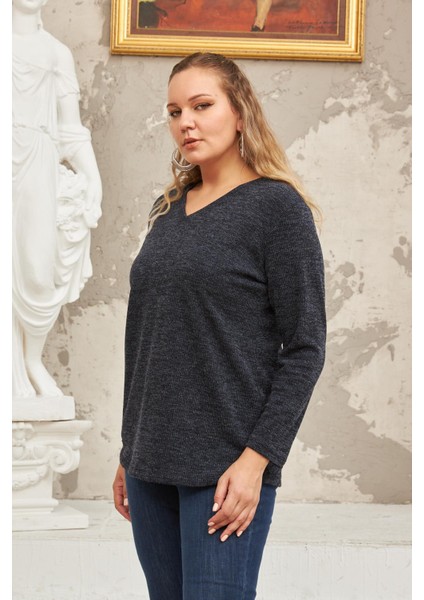 V Yaka Büyük Beden Lacivert Örme Kazak fiyatları