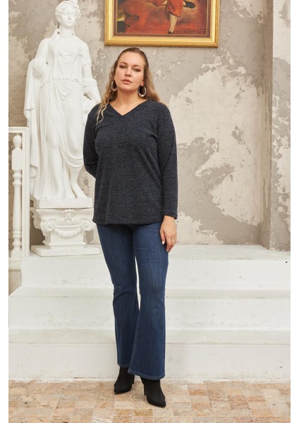 V Yaka Büyük Beden Lacivert Örme Kazak fırsatları
