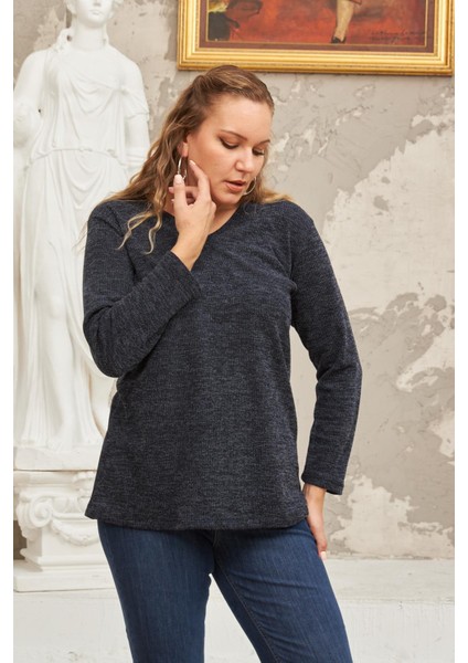 V Yaka Büyük Beden Lacivert Örme Kazak indirimleri