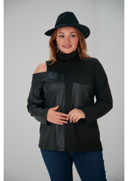 Bezexl Deri Garnili Siyah Büyük Beden Sweatshirt