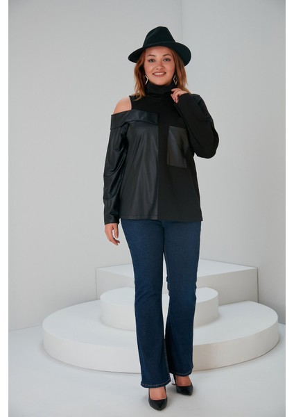 Bezexl Deri Garnili Siyah Büyük Beden Sweatshirt modelleri
