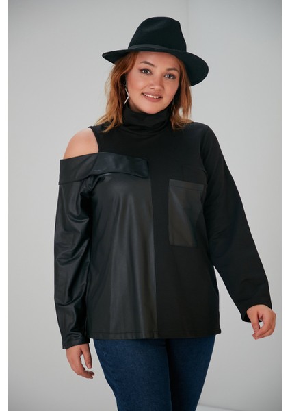 Bezexl Deri Garnili Siyah Büyük Beden Sweatshirt indirimleri