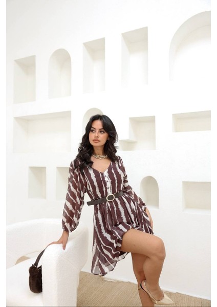 Kadın Zebra Desenli Kemerli Balon Kol Mini Elbise fiyatları