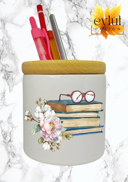 Kitaplar ve Çiçekler Baskılı Seramik Kalemlik Ahşap Detaylı Kalem Kutusu Doğum Günü Hediyesi