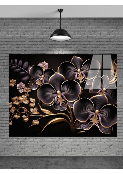 3D Siyah Çiçek Cam Tablo