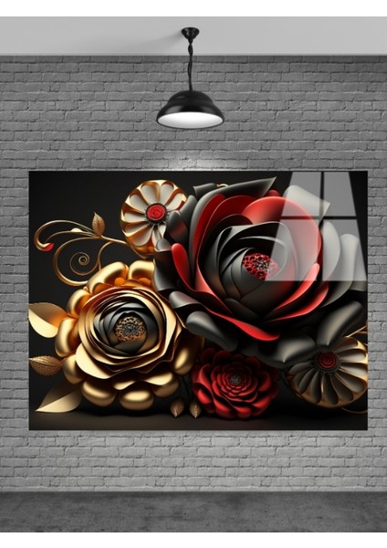 Gold Altın Çiçek Cam Tablo