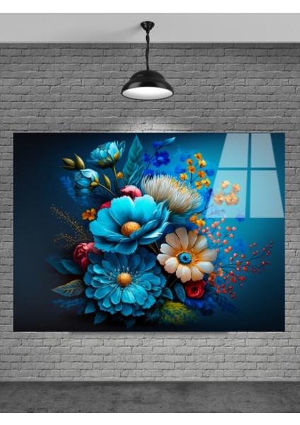 Sevilen Seri Mavi Çiçek Cam Tablo
