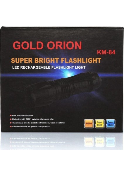 Gold Orion Km-84 Tasarruflu Şarjlı Zoomlu Metal El Feneri Kemer Klipsli indirimleri