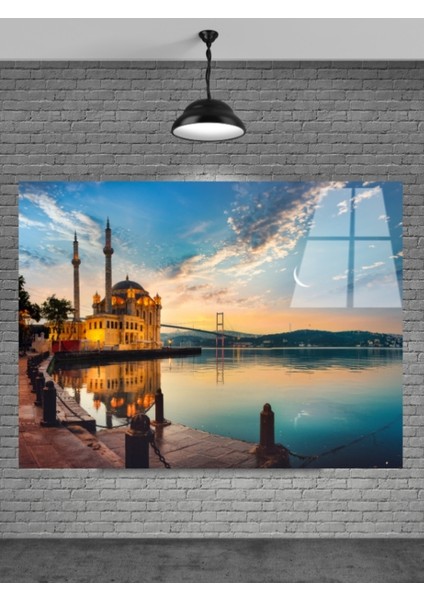 Camii ve Köprü Deniz Manzarası Cam Tablo