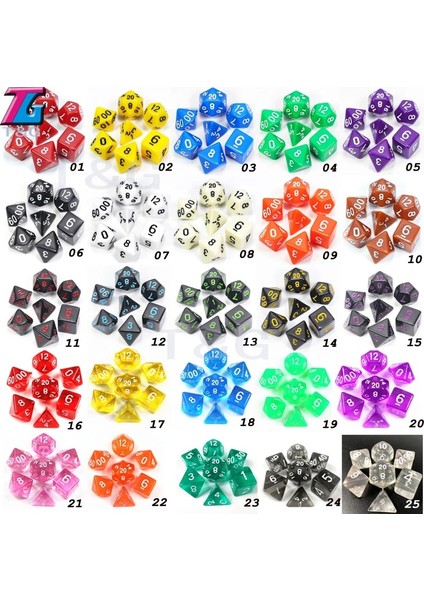 No.8 Stili Satış Zar Seti Çokyüzlü D4, D6, D8, D10, D10%, D12, D20 Masa Oyunu Için Renkli Aksesuarlar, Dnd, Rpg 25 Renk (Yurt Dışından) modelleri