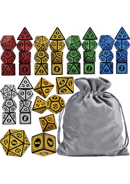 Gri Tarzı 6 Takım Çokyüzlü 7-Die Rune Zar D4-D20 Dnd Rpg Savaş Macera Oyunları Için Çantalı (Yurt Dışından)