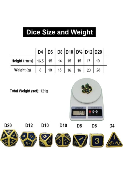 NO.113 Stili Dados Rpg Zar Masası Oyunları Satış Promosyonu Çokyüzlü Metal Zarlar Çinko Alaşımlı Sayısal Dnd Zar 7 Set D4 D6 D8 D10 D12 D20 (Yurt Dışından)