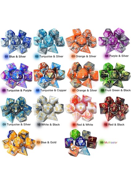 Turkuaz Gümüş 01 Stili Siyah Kadife Kılıflı Rpg Oyunları Için Karışık Renkli Zar Seti D4 D6 D8 D10 D% D12 D20 (Yurt Dışından) modelleri