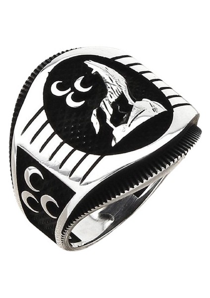 Erkek Yüzük Gümüş 925 Kurt Figürlü Üç Hilal